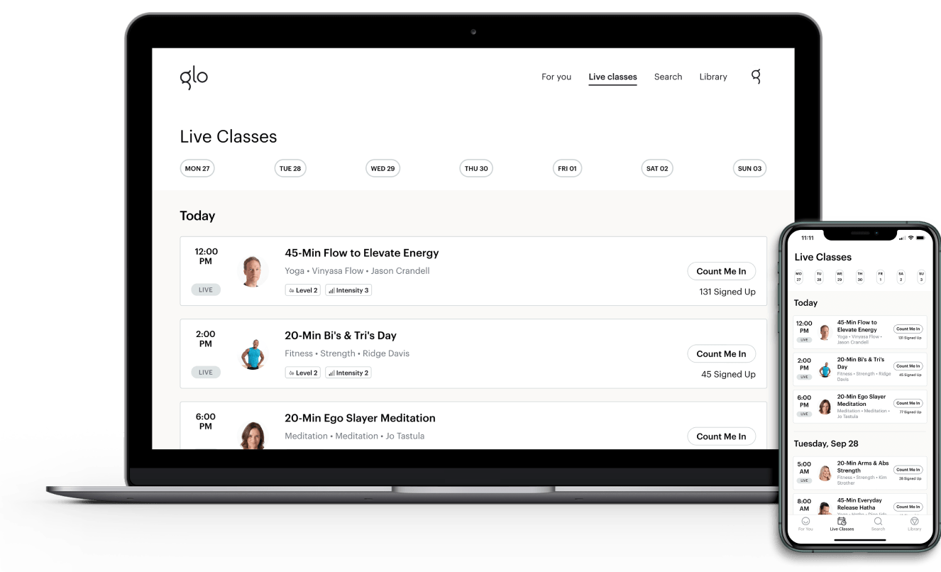 Experience in-studio energy from the comfort of your home with live classes.