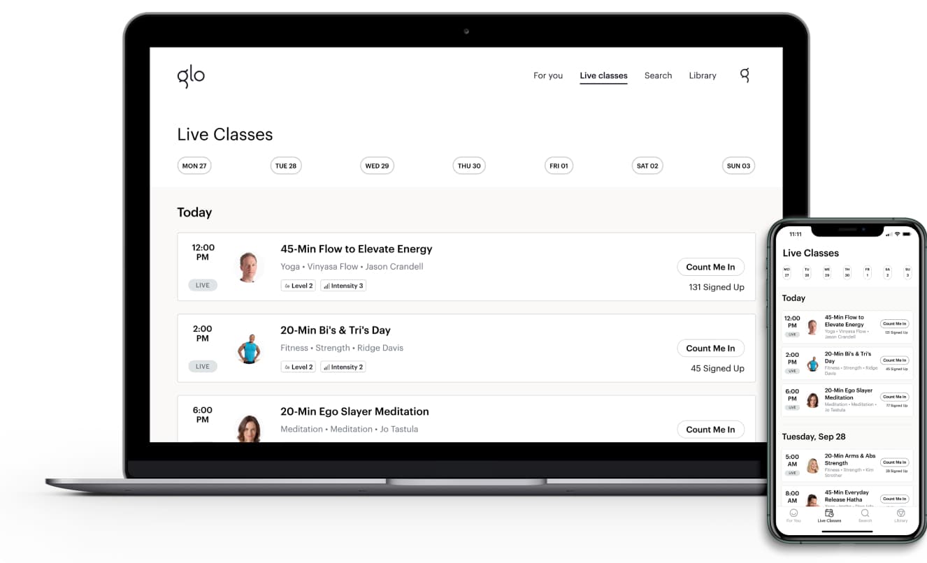 Experience in-studio energy from the comfort of your home with live classes.